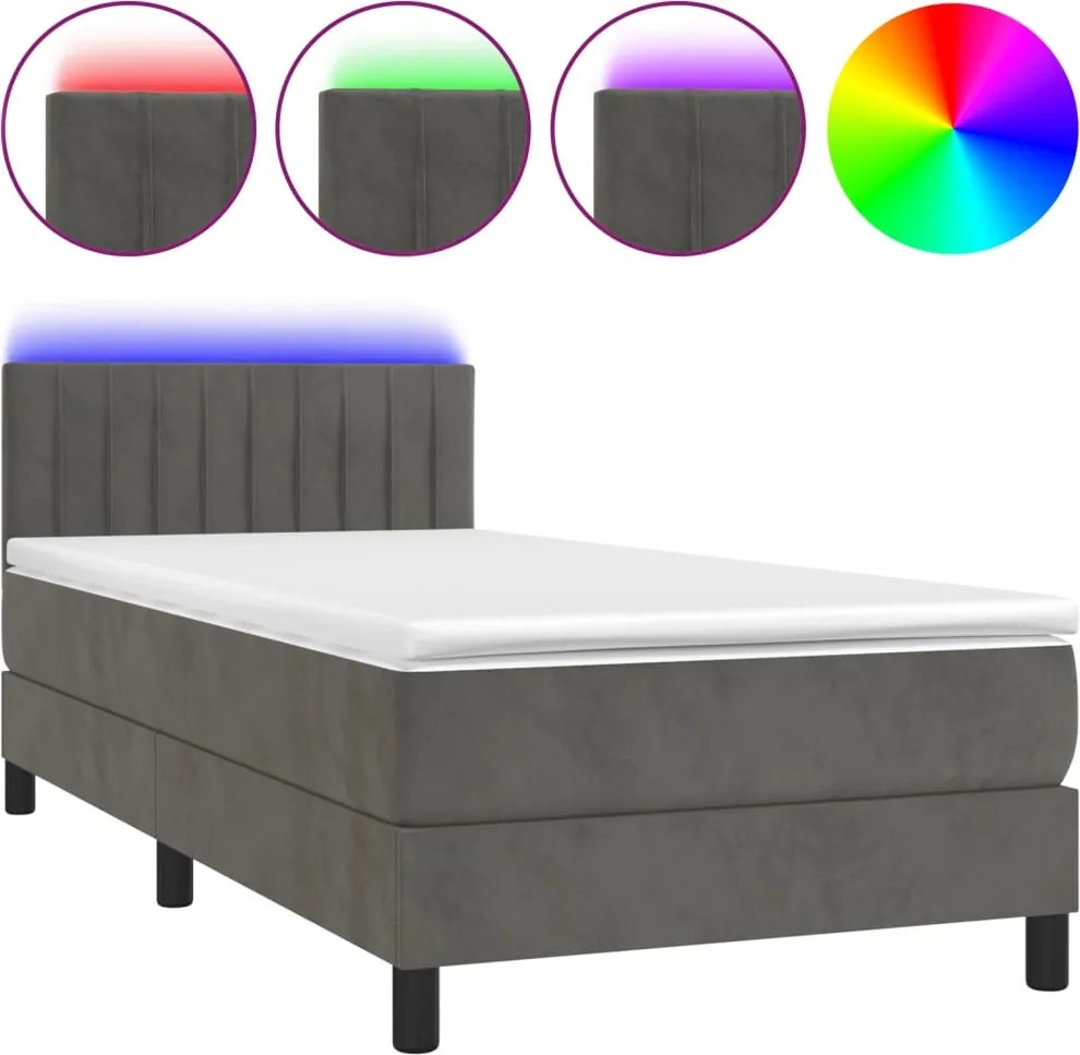 vidaXL sötétszürke bársony rugós és LED-es ágy matraccal 90x190 cm