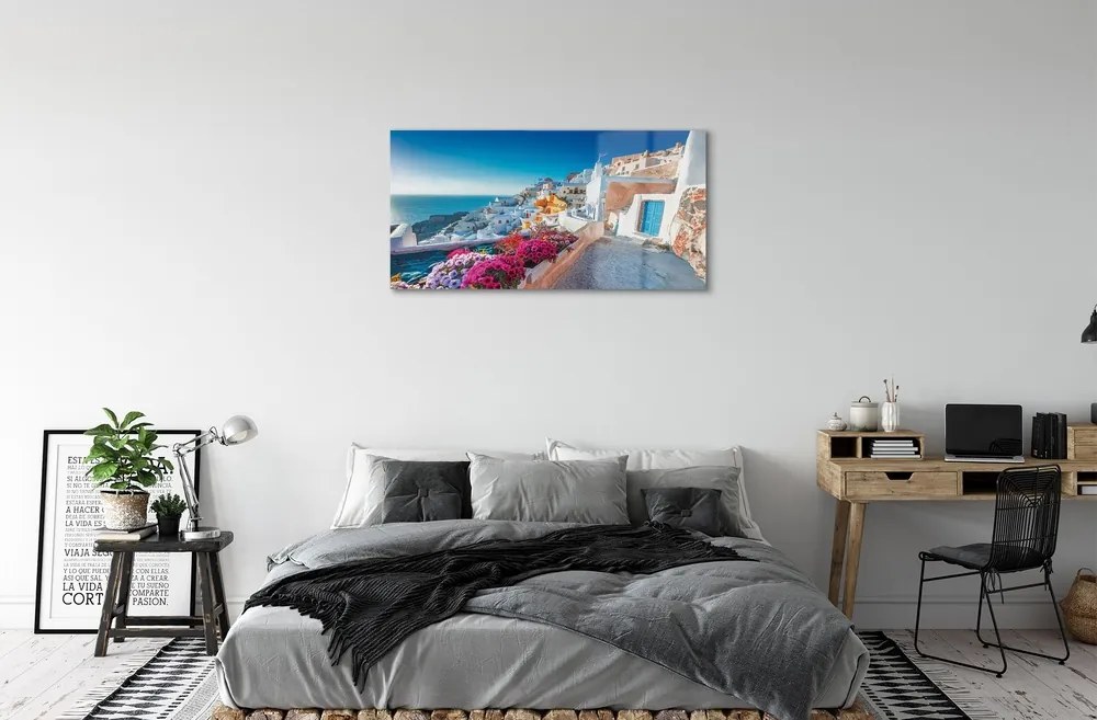 Üvegképek Épületek Görögország tenger virág 125x50 cm