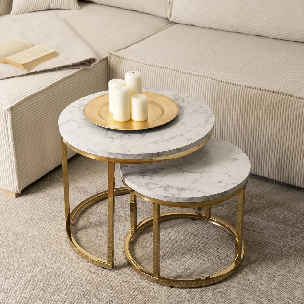 Dohányzóasztal szett márvány hatású felülettel arany kivitelben – OLIS