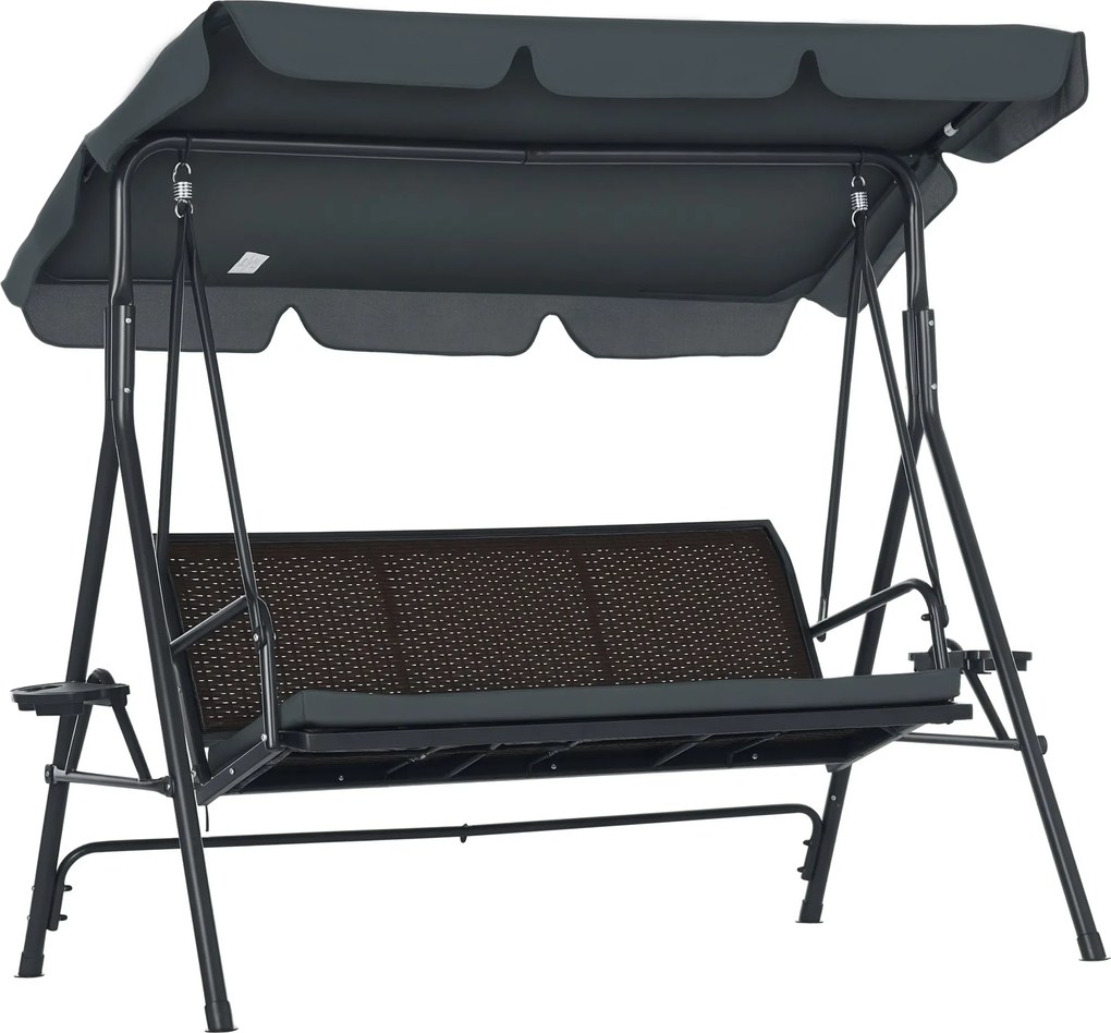 Outsunny 3-Fős Kerti Hintapad Állítható Napernyővel 2 Kupa Tartóval 2 Tálcával és Acél Váz, 320 kg Teherbírás, Teraszra és Pavilonba, 204x112x150 cm,