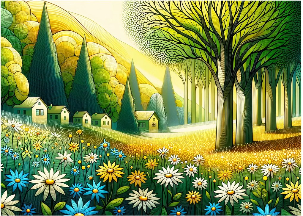 Üveg kép - Falu sárga-zöld színekben (70x50 cm)