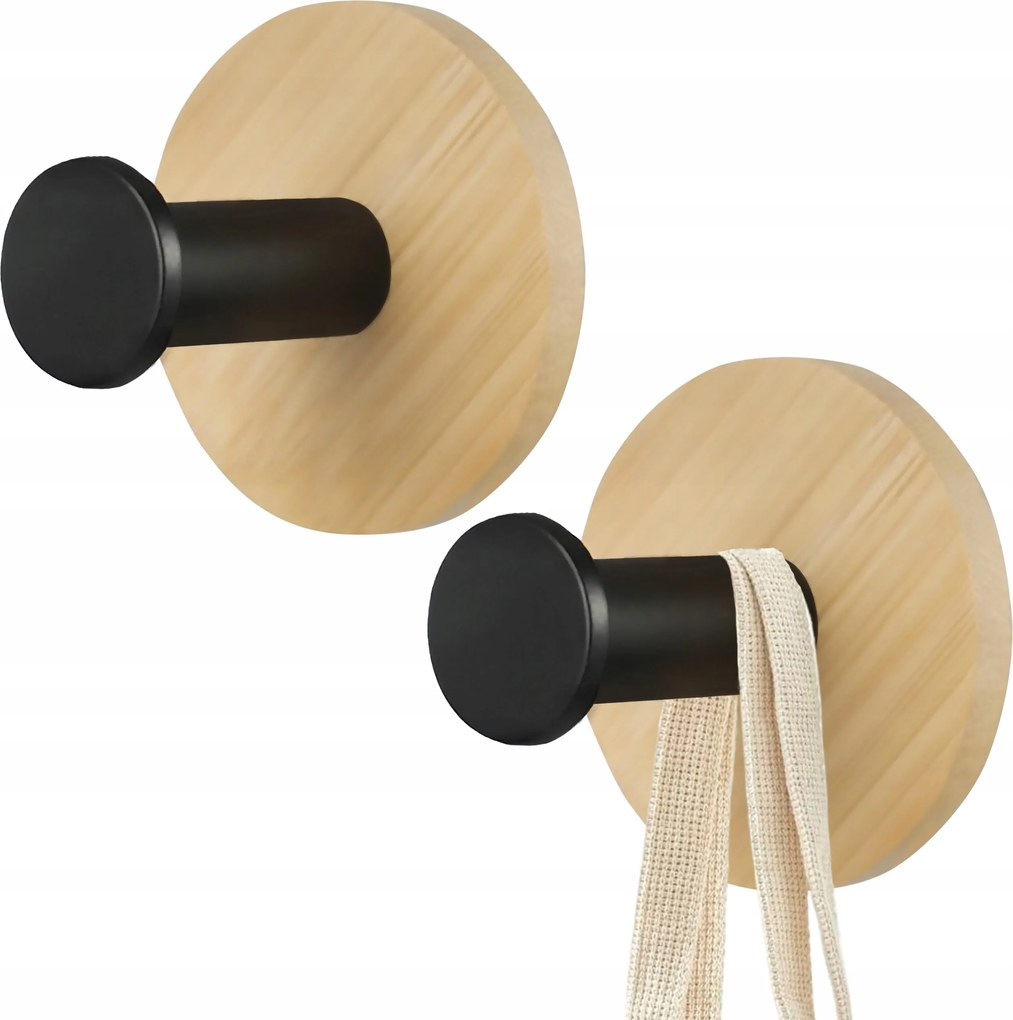 Fürdőszobai Akasztó Fekete Bambusz Alap Fém Öntapadós Kerek