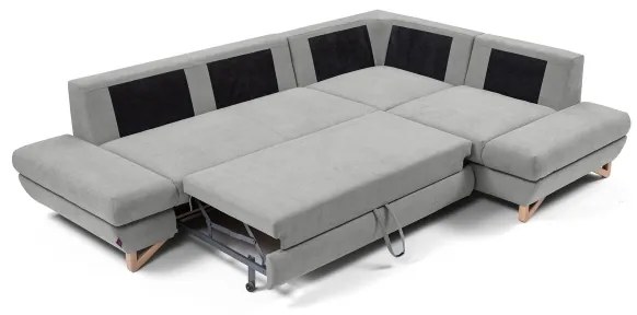 Ággyá nyitható, kárpitozott, jobb oldali L-alakú sarok ülőgarnitúra tárolórekesszel AVESTA, szürke