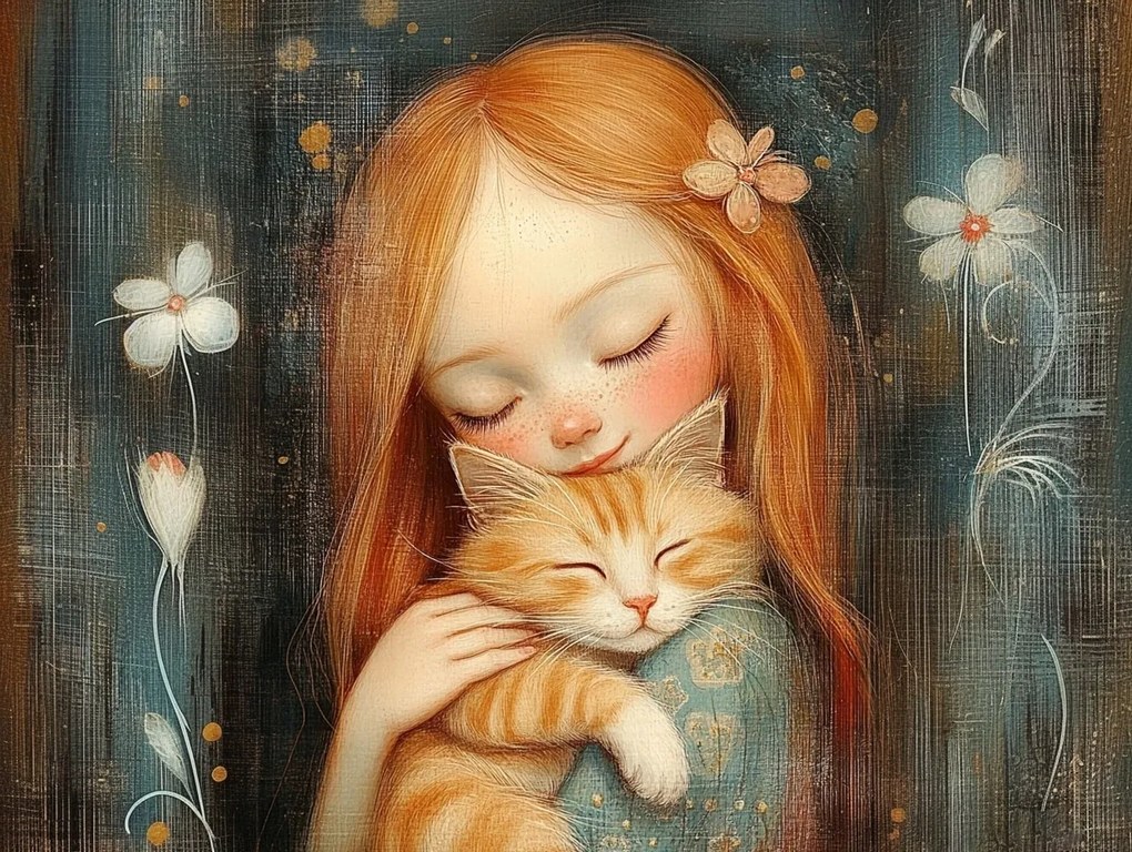 Canvas Vászonkép Gyerek Lány Macska Barátság Retro 100x75