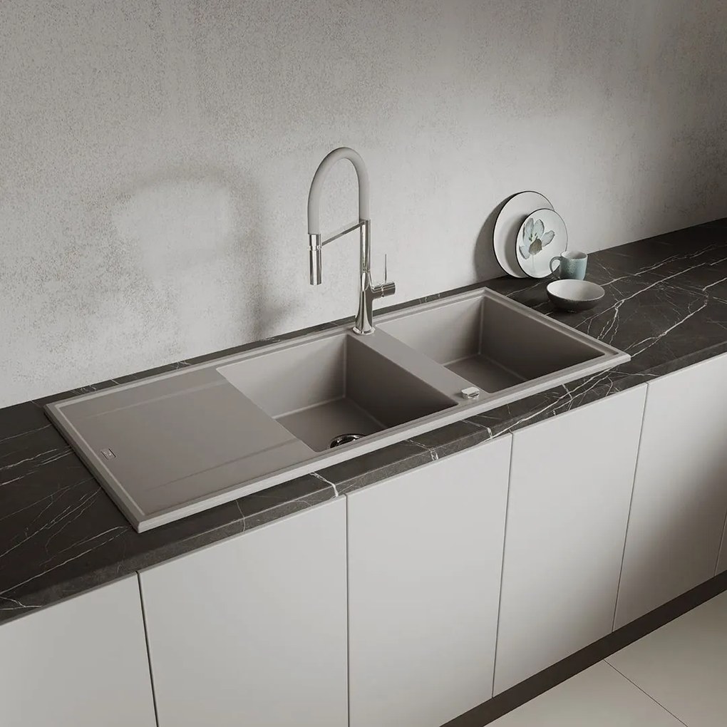 Laveo Megalo, 2 kamrás gránit mosogató 1160x500x185 mm hosszú vízelvezetővel, szürke, LAV-SBE_521T