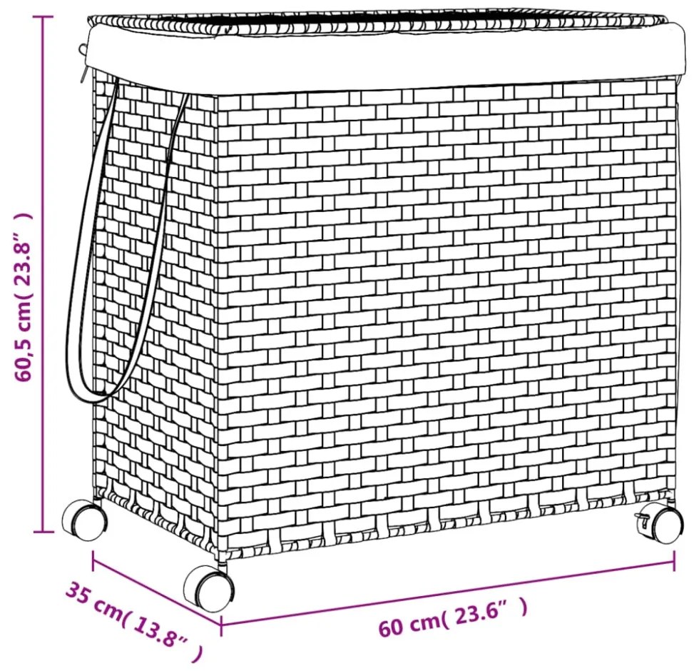 sötétbarna rattan szennyeskosár kerekekkel 60x35x60,5 cm