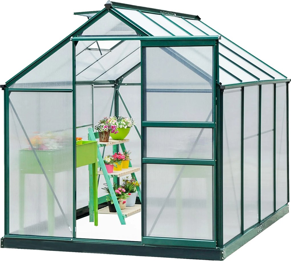 Outsunny Alumínium Melegágy Tetőablakkal, Ajtóval 190 x 252 x 201 cm - Növényház Alappal, Beléphető Paradicsom Melegágy Időjárásálló Polikarbonát Zöld