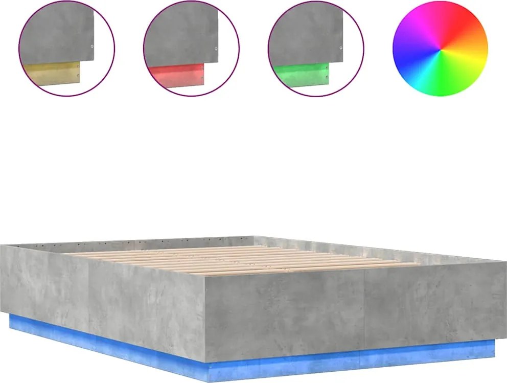 vidaXL betonszürke szerelt fa ágykeret LED-del 150 x 200 cm