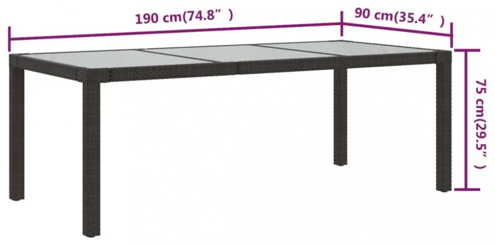 barna polyrattan és edzett üveg kerti asztal 190 x 90 x 75 cm