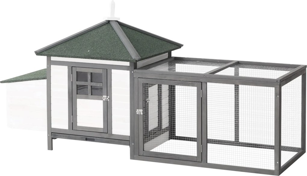 PawHut Kiscsirkékó Pavilon, 196 x 76 x 97 cm, Fészekdobozzal, Futóval és Ülőrúddal, Fa Kisállatház, Szürke | Aosom