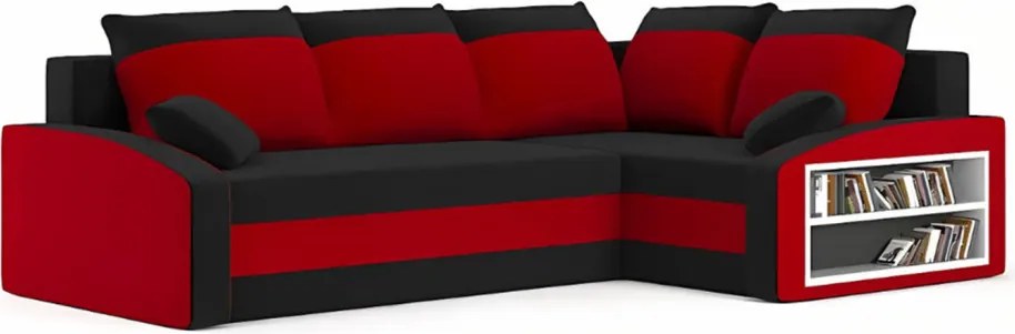 Grande sarokkanapé polcokkal , polc a jobb karfaban, jobboldali, szövet anyag, hab töltet, fekete - piros