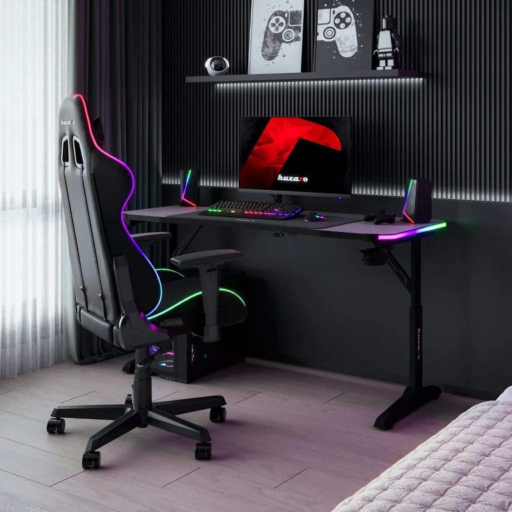 Gamer asztal, elektromos íróasztal Hero RGB fekete carbon 140 x 60 cm