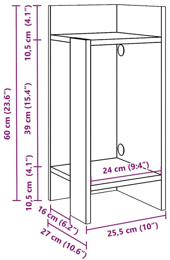 2 db barna tölgy színű kisasztal polccal 25,5 x 27 x 60 cm