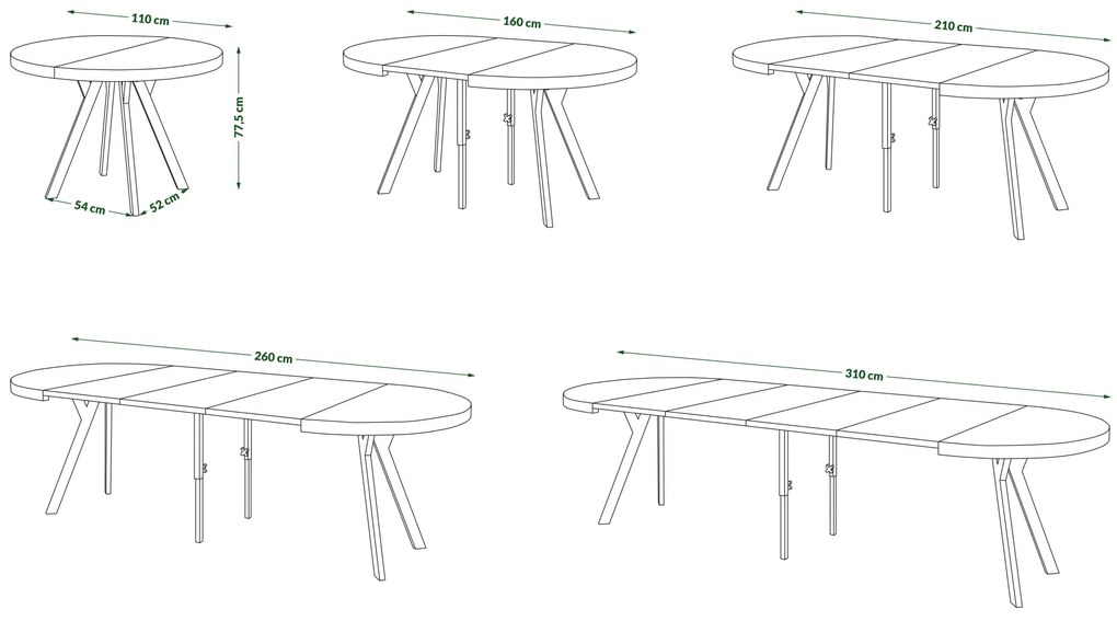 Mazzoni EXPANSO Fehér Matt/fekete lábak - LOFT/IPARI STÍLUSÚ 310 cm-re BŐVÍTHETŐ NAGY KEREK ASZTAL Ø110 Y LÁBAKKAL