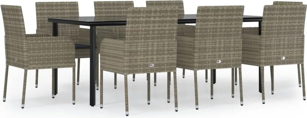 vidaXL 9 részes fekete és szürke polyrattan kerti étkezőszett párnával