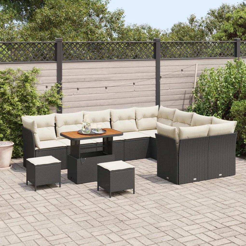 12 db-os Kert Sofa Szett Párnákkal Fekete Poli Rattan Akácia