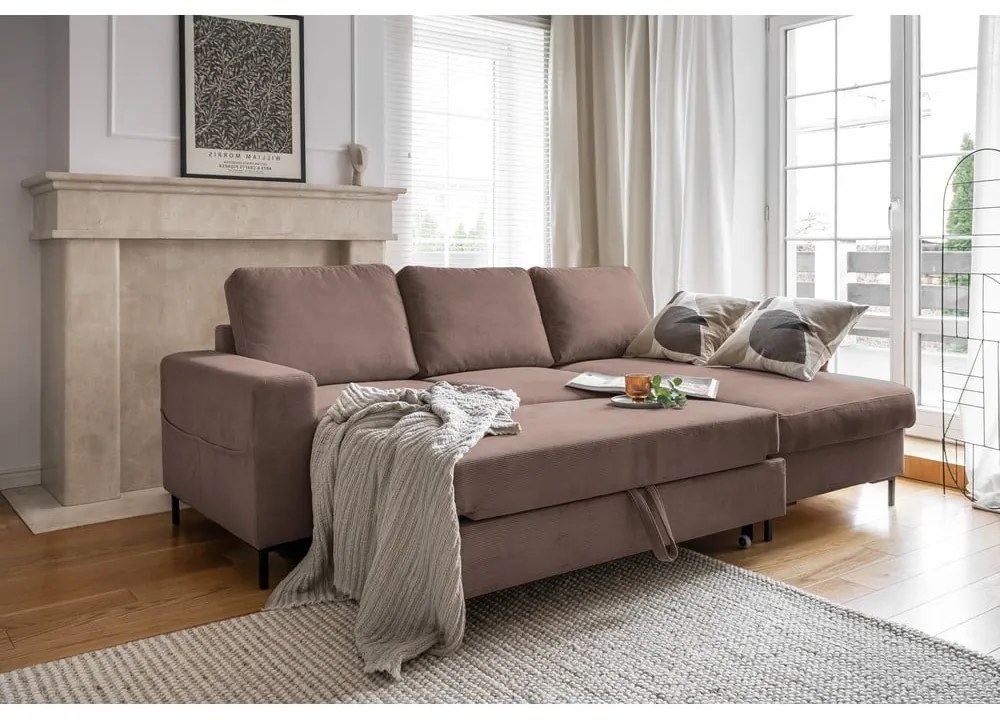 Barna kordbársony kinyitható sarokkanapé (jobb oldali) Lofty Lilly – Miuform