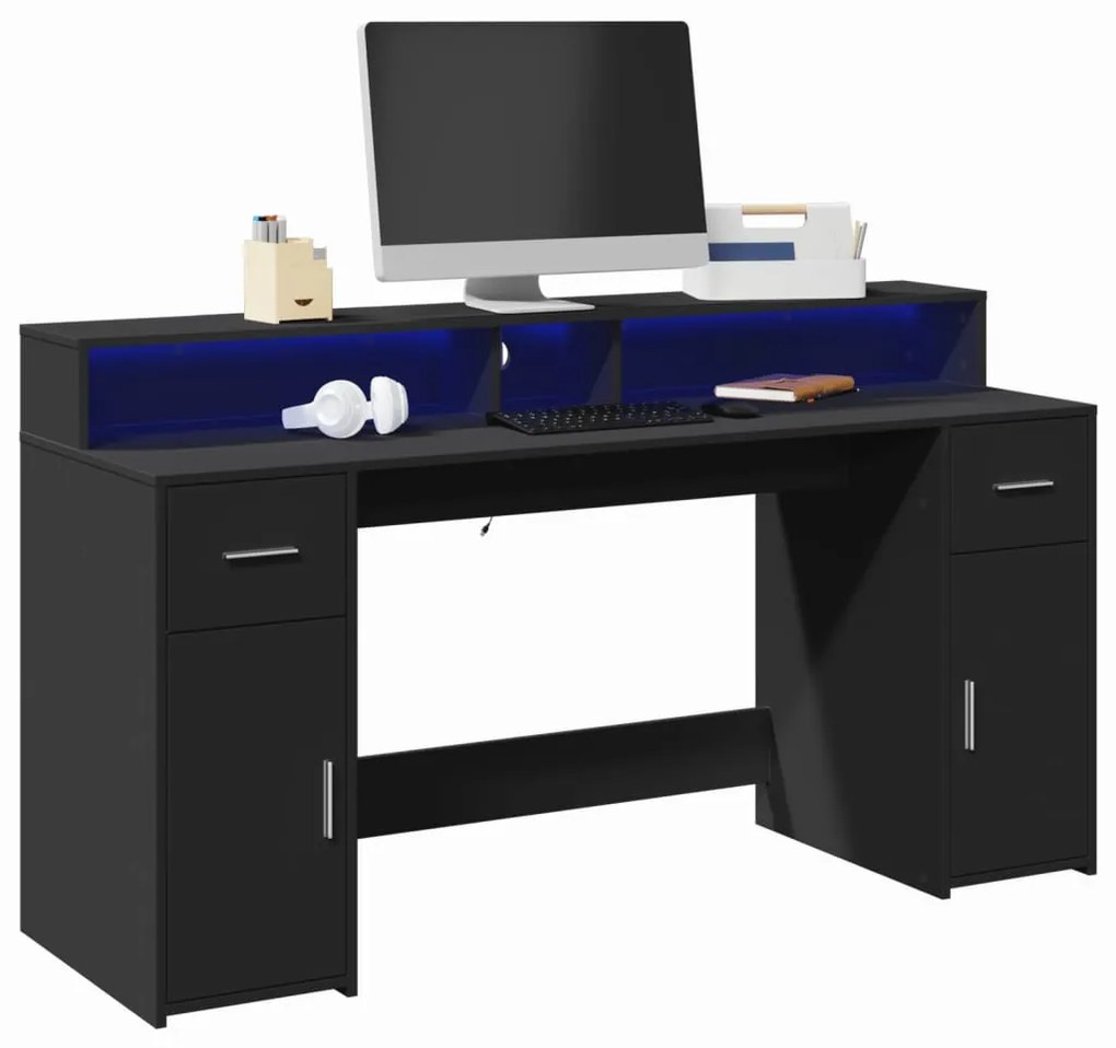 fekete szerelt fa íróasztal LED-világítással 160 x 55 x 91 cm