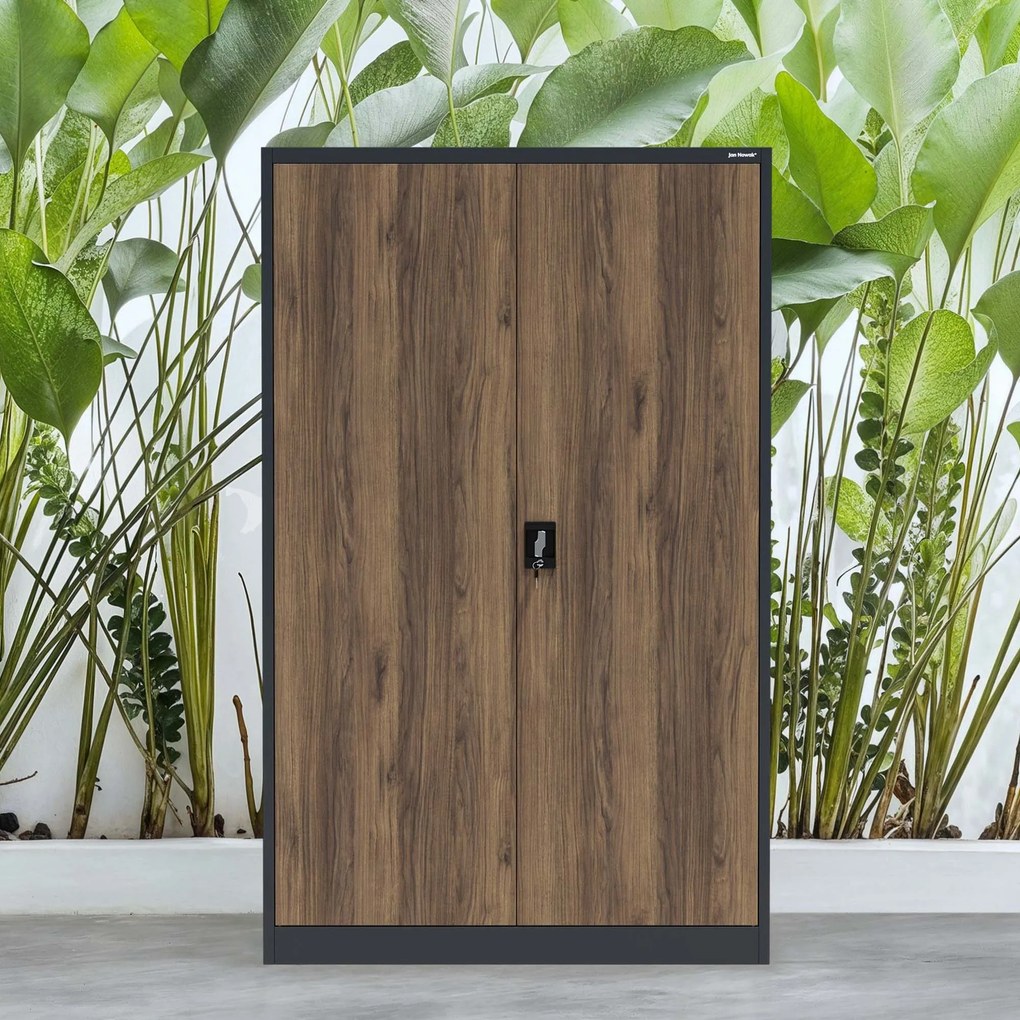 Fém irodai iratszekrény, széles, antracit/dió, 1150x1850x400 mm: JAN II Eco Design