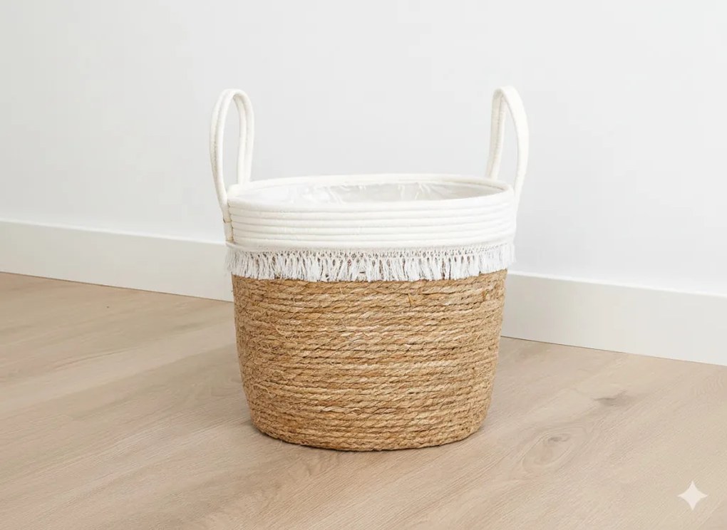 Fonott kosár tengerifűből rojtokkal 37 x 31 x 32/44 cm
