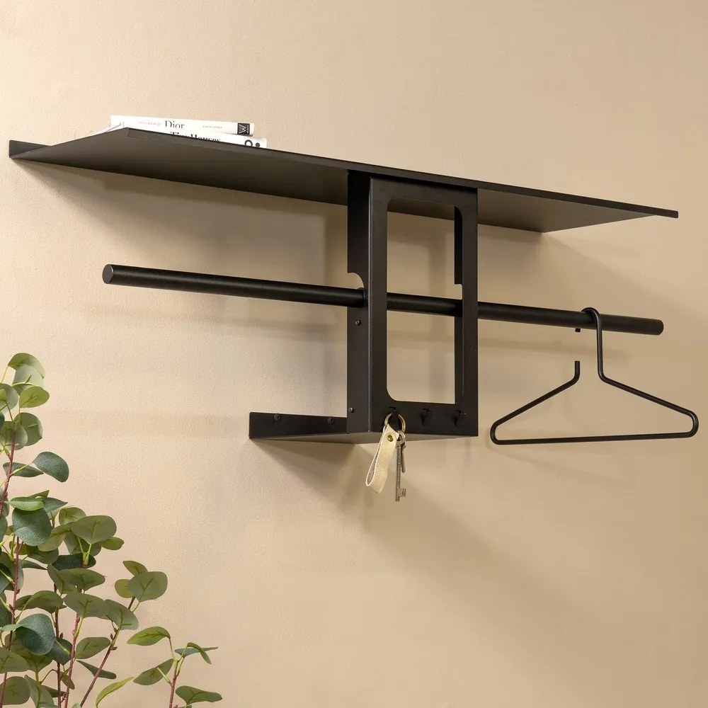 Fekete acél fali fogas polccal 100 cm Luno Small – Spinder Design