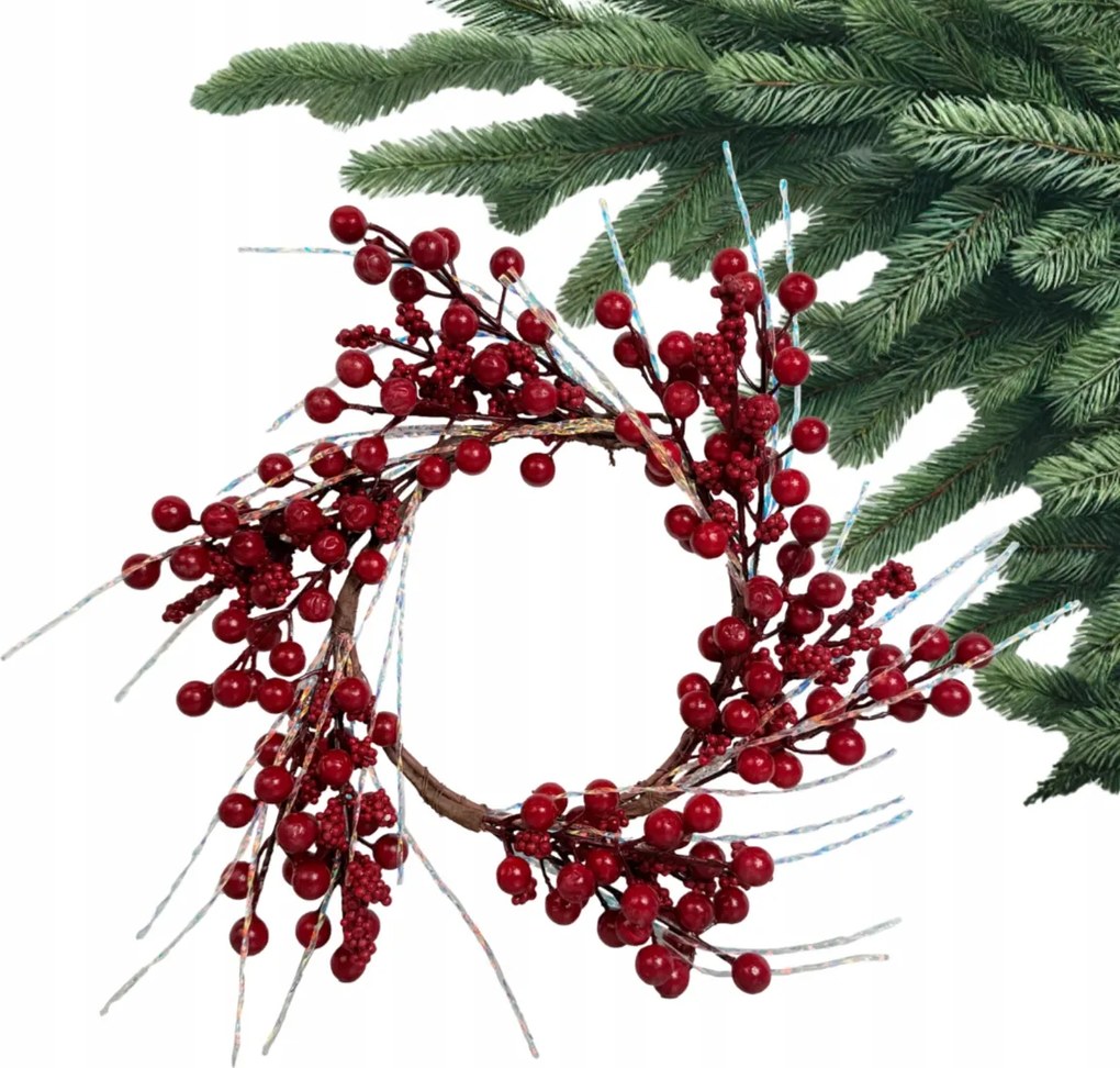 Piros Ajtó Koszorú Karácsonyi Koszorú Berkenye Galagonya Jégcsap 40 cm