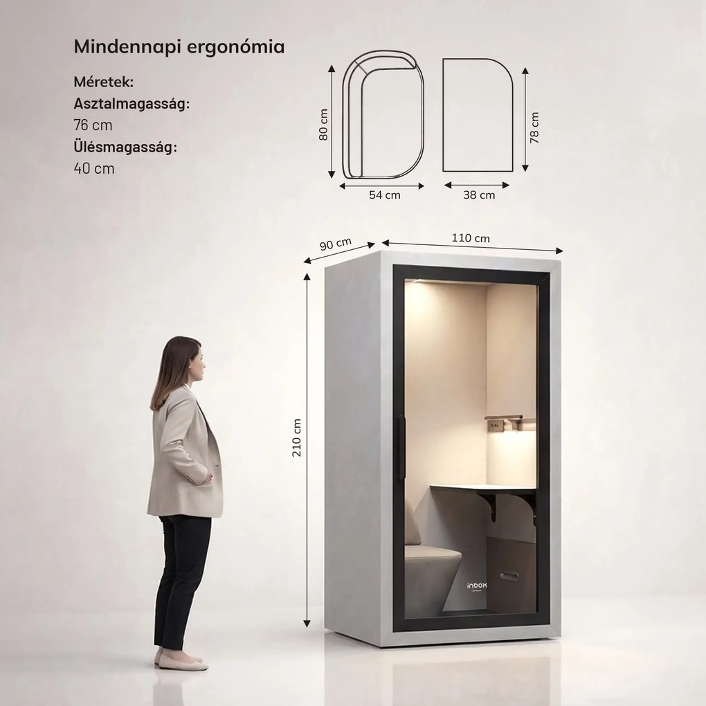 INBOX akusztikai irodai fülke 1 személyes, 2100 × 1100 × 900 mm