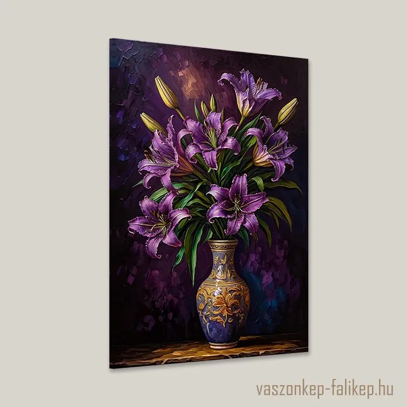 Lila liliom csokor vázában – elegancia otthonra 40x60cm