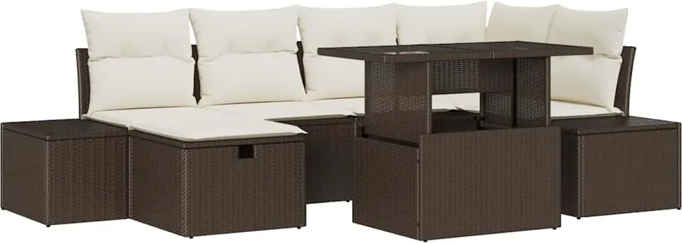 vidaXL Kerti Kanapé Szett párnával tárolóval 7 pcs Barna Poli rattan