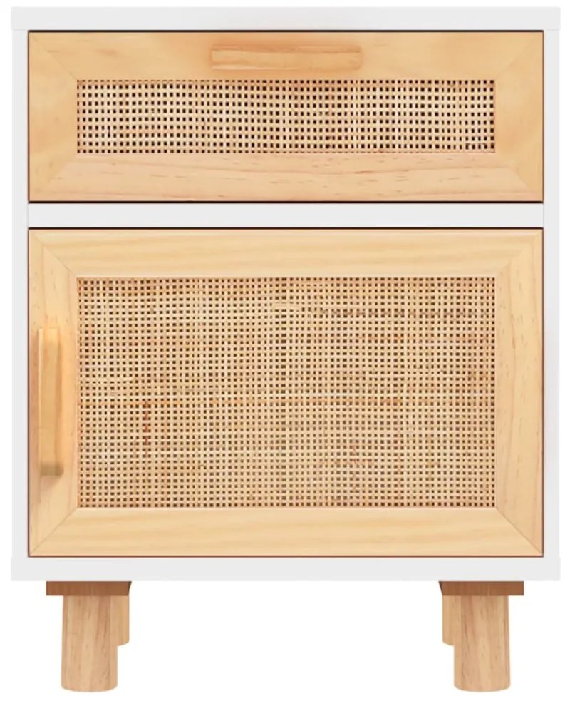 fehér tömör fenyőfa és természetes rattan éjjeliszekrény