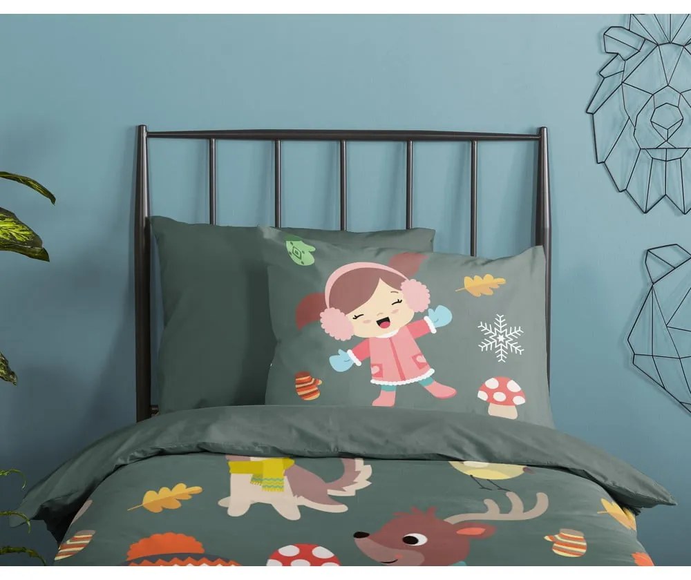 Sötétzöld egyszemélyes-hosszabbított pamut gyerek ágyneműhuzat 140x220 cm Fun – Good Morning