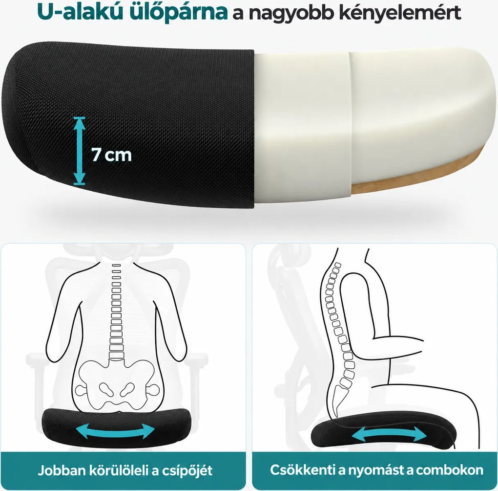 Irodai szék, hálós szék, állítható deréktámasz és fejtámla, fekete
