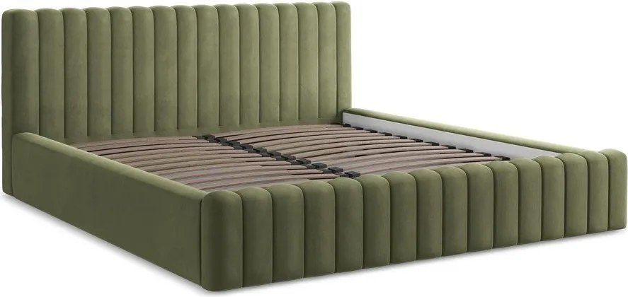 Zöld kárpitozott ágyneműtartós franciaágy ágyráccsal 160x200 cm Lemi – Makamii