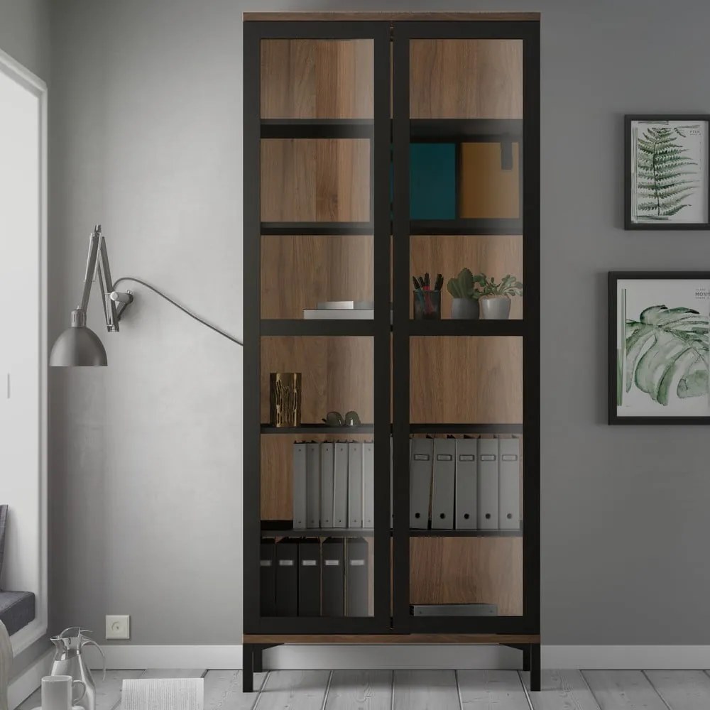 Fekete-natúr színű tálalószekrény diófa dekorral 89x203x36 cm Roomers – Tvilum
