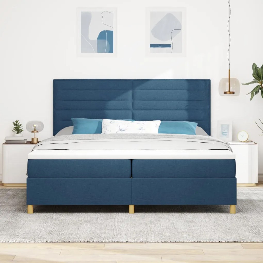 Boxspring ágy matraccal és LED világítással, kék szövet, 200x200 cm