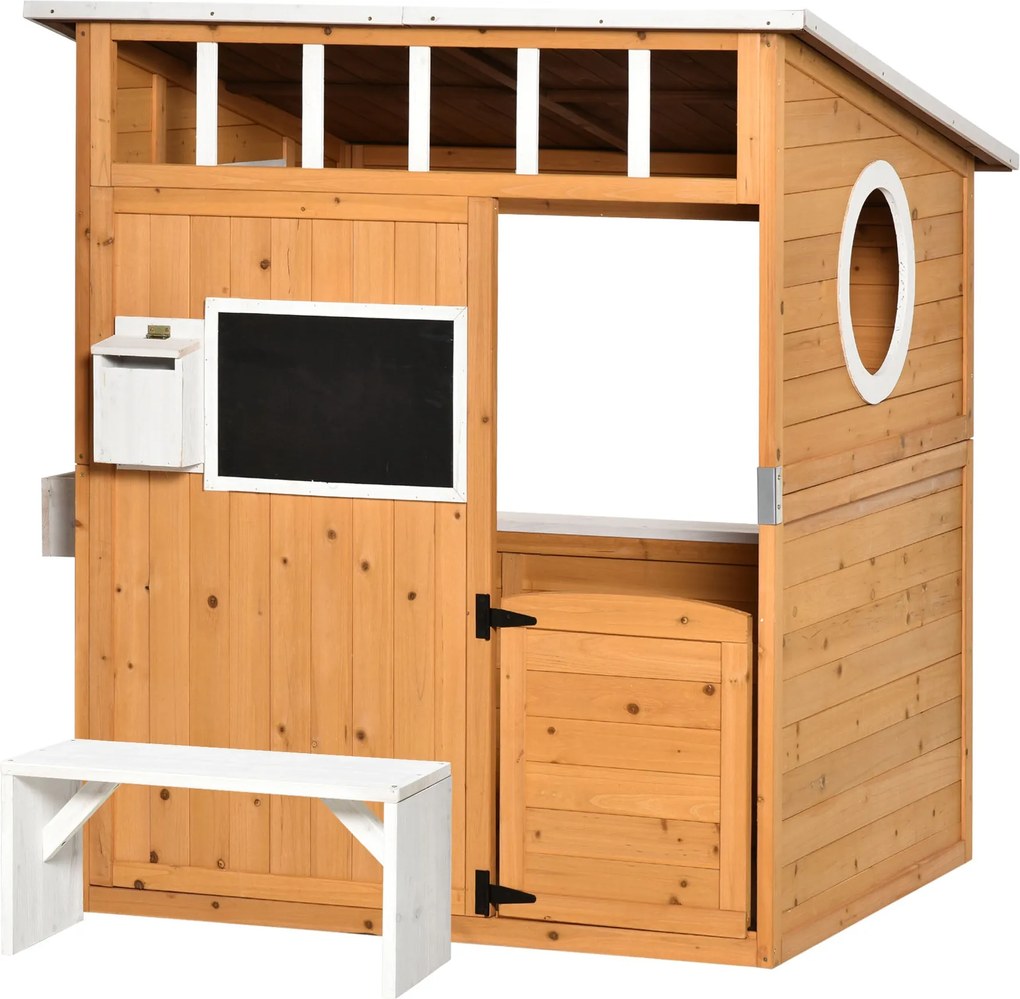 Outsunny Fa Játszóház Gyermekeknek Ablakkal és Postaládával Kültéri Kertjátszóház Virágtartóval, 3-8 Év Közötti Gyerekeknek, Tömör Fenyő Fa, 122 x 108