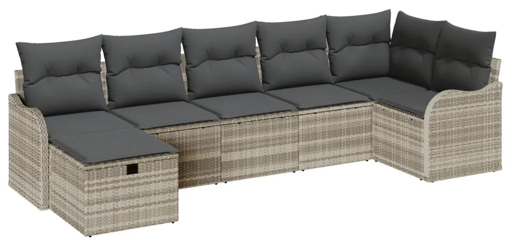 7 részes kerti kanapé szett párnákkal világosszürkében poli rattan, 2 fős kerti kanapé párnákkal világosszürkében poli rattan