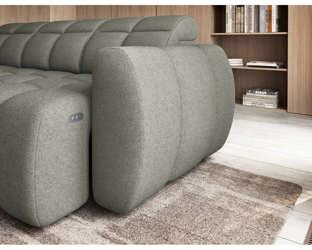 Szürkészöld buklé kinyitható-tárolóhelyes sarokkanapé (bal oldali-L alakú) Falconn – ELTAP