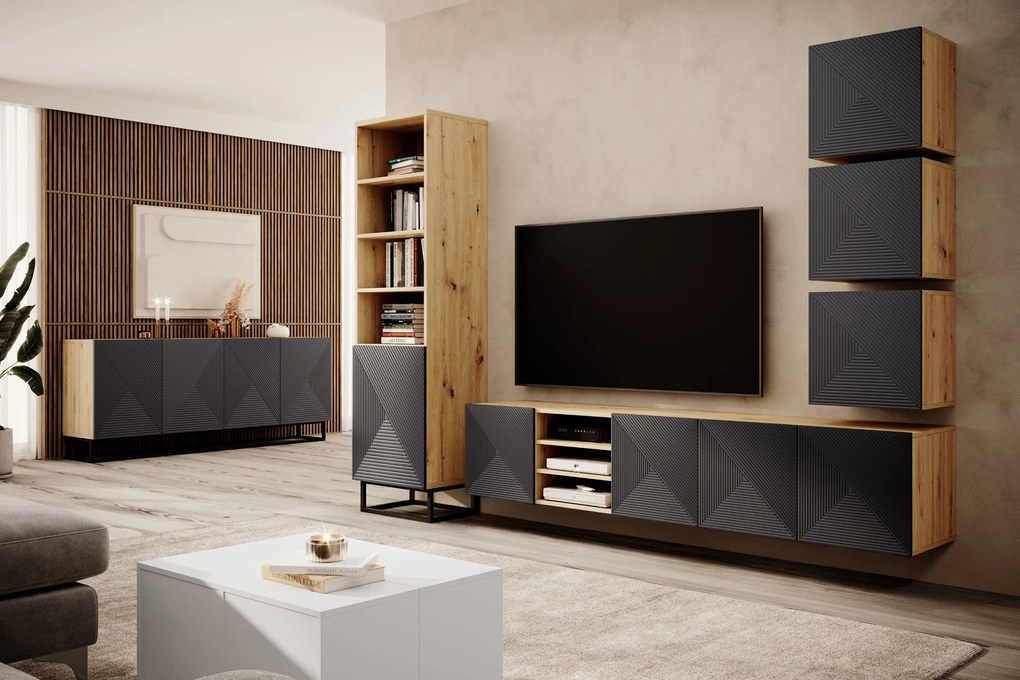 Asha függesztett TV szekrény 200 cm riflázott frontokkal, nyitott fülkével – artisan tölgy / rivier stone matt