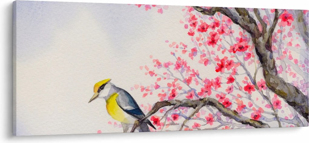 Kép - Madár egy fán, piros virágokkal (120x50 cm)