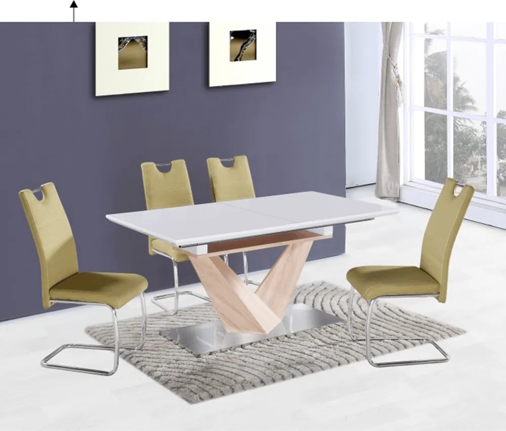Étkezőasztal, nyitható, MDF+acél, fehér extra HG/tölgy sonoma, 160x90 cm, DURMAN