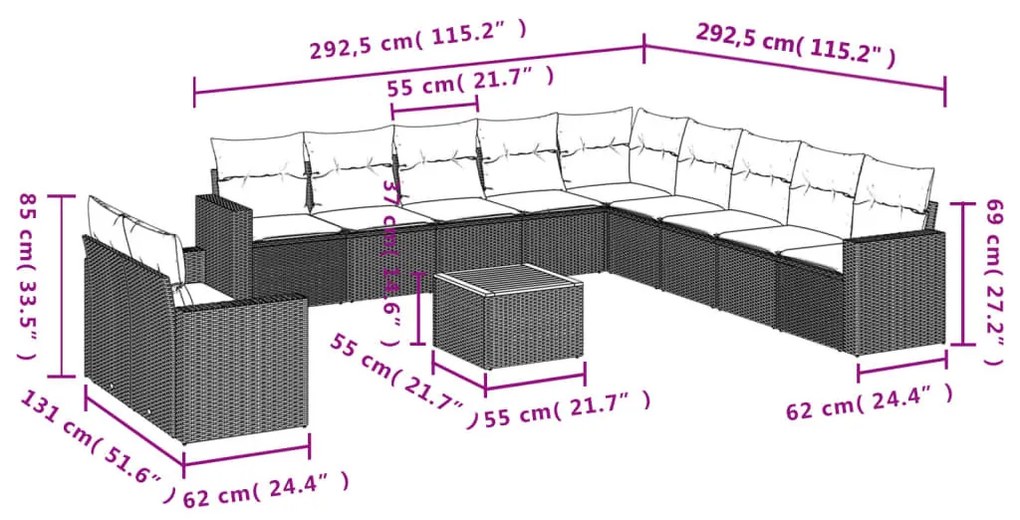 12 részes bézs polyrattan kerti ülőgarnitúra párnákkal