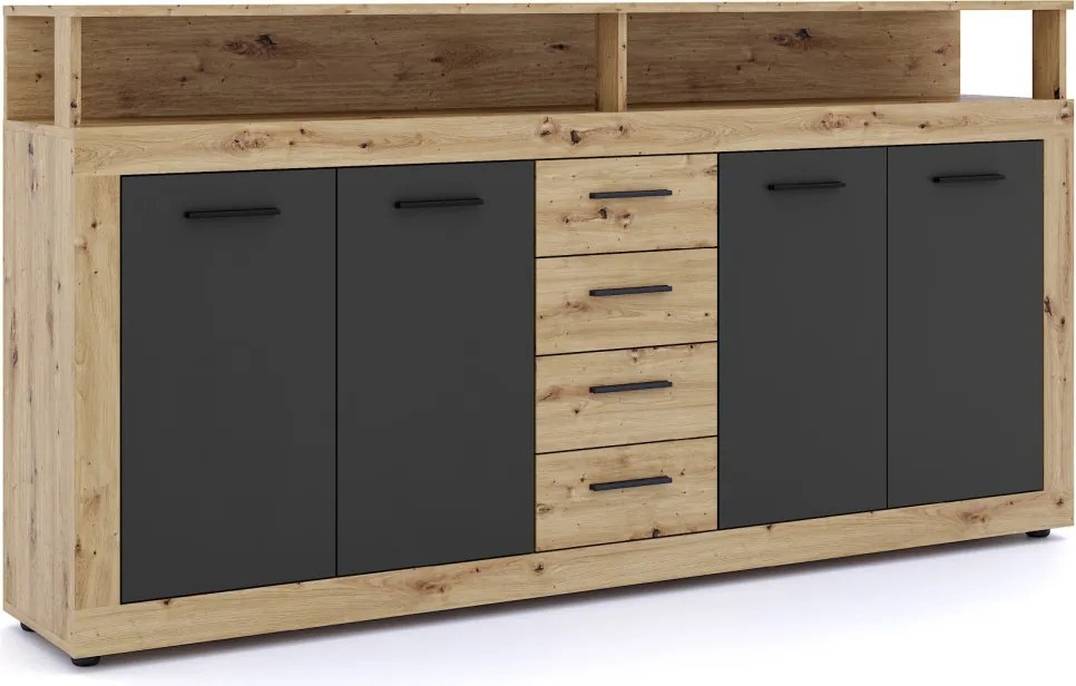 Komód 4 ajtóval és 4 fiókkal Artisan tölgy / fekete színkombinációban – XXL LUNA