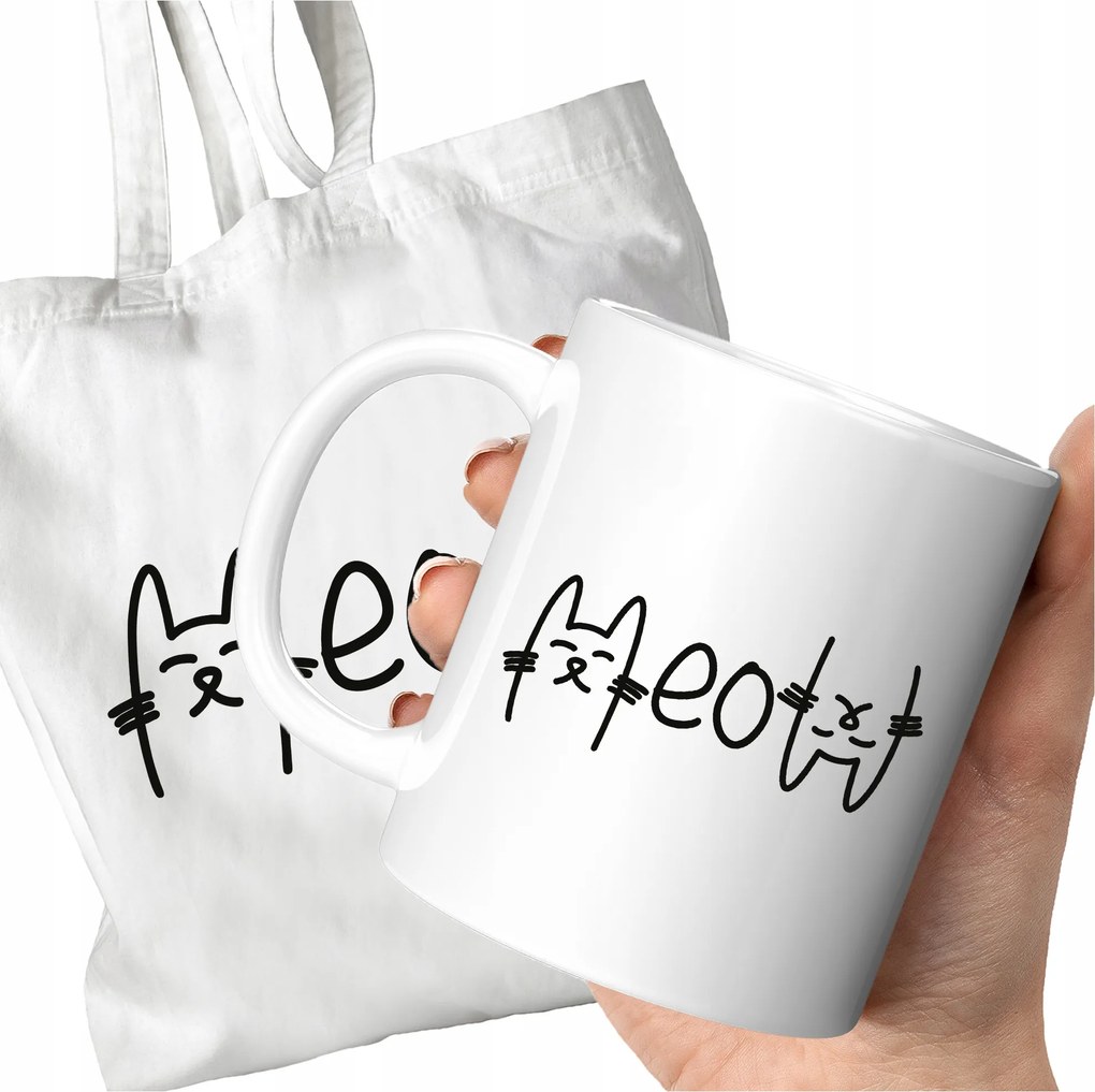 Stílusos Bögre És Táska Szett Meow Nyomtatással Cicák