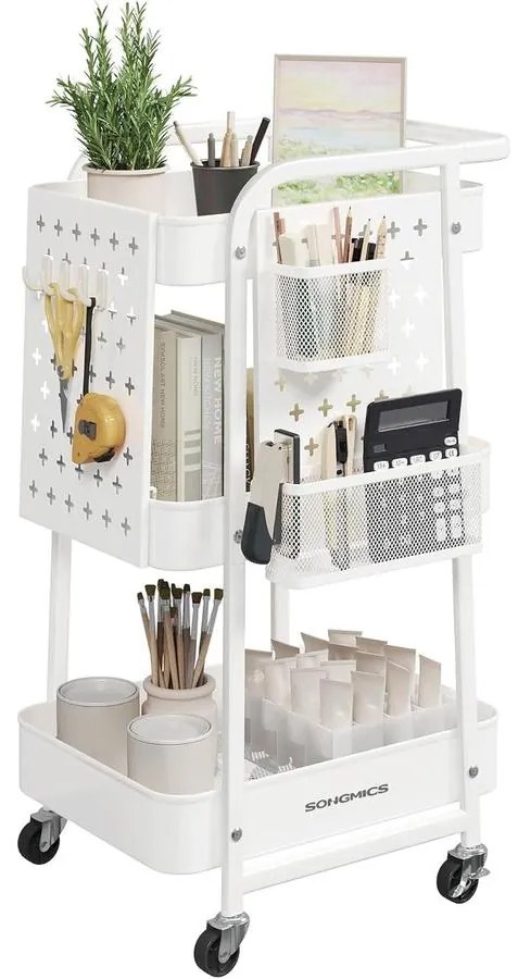 Tárolókocsi 3 fémhálós polccal fehér színben