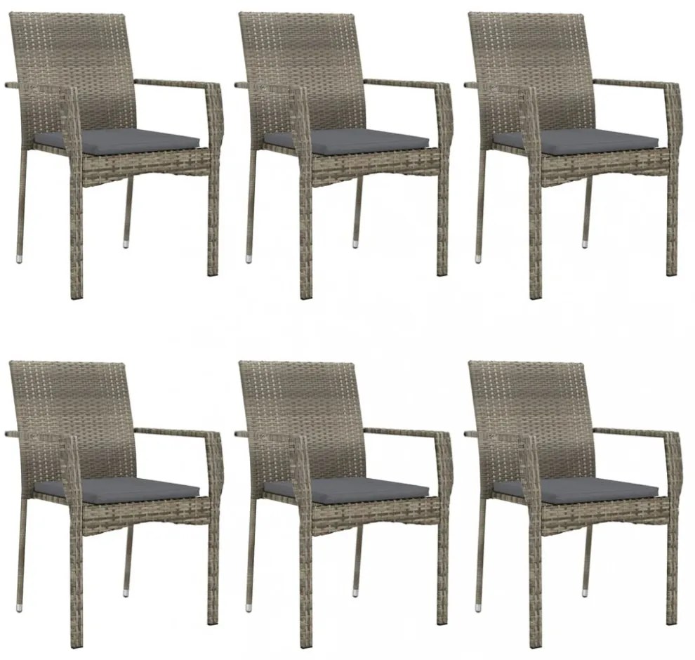vidaXL 7 részes fekete és szürke polyrattan kerti étkezőszett párnával