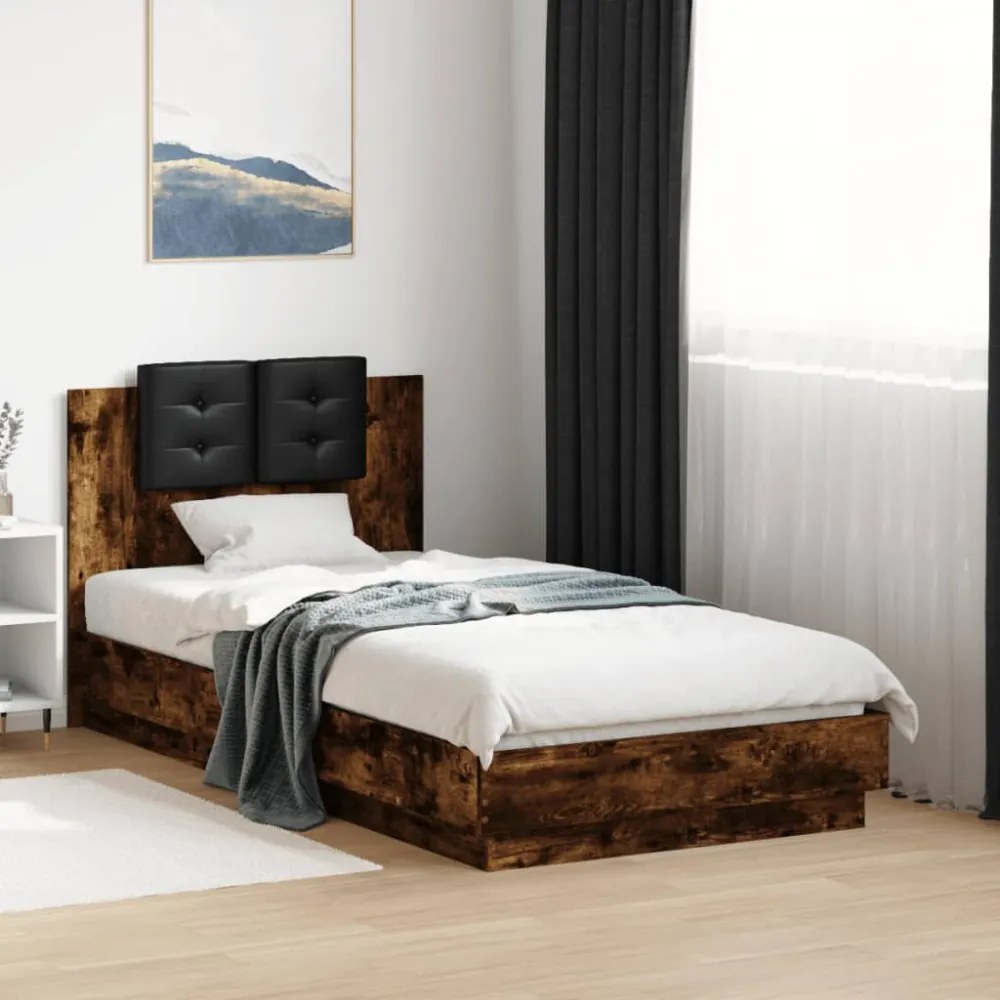 füstös tölgy színű szerelt fa ágykeret fejtámlával 90 x 190 cm