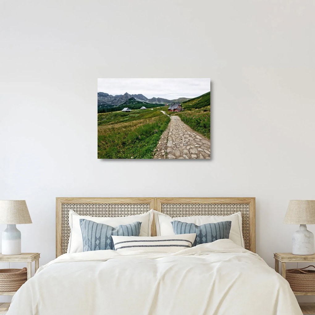 Üveg kép - Hegyi táj házakkal (70x50 cm)