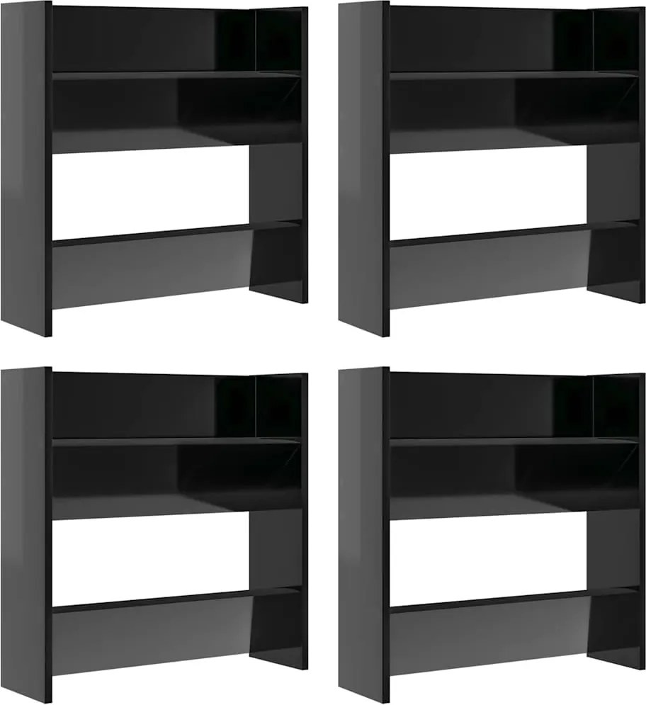 vidaXL 4 db magasfényű fekete szerelt fa fali cipősszekrény 60x18x60cm