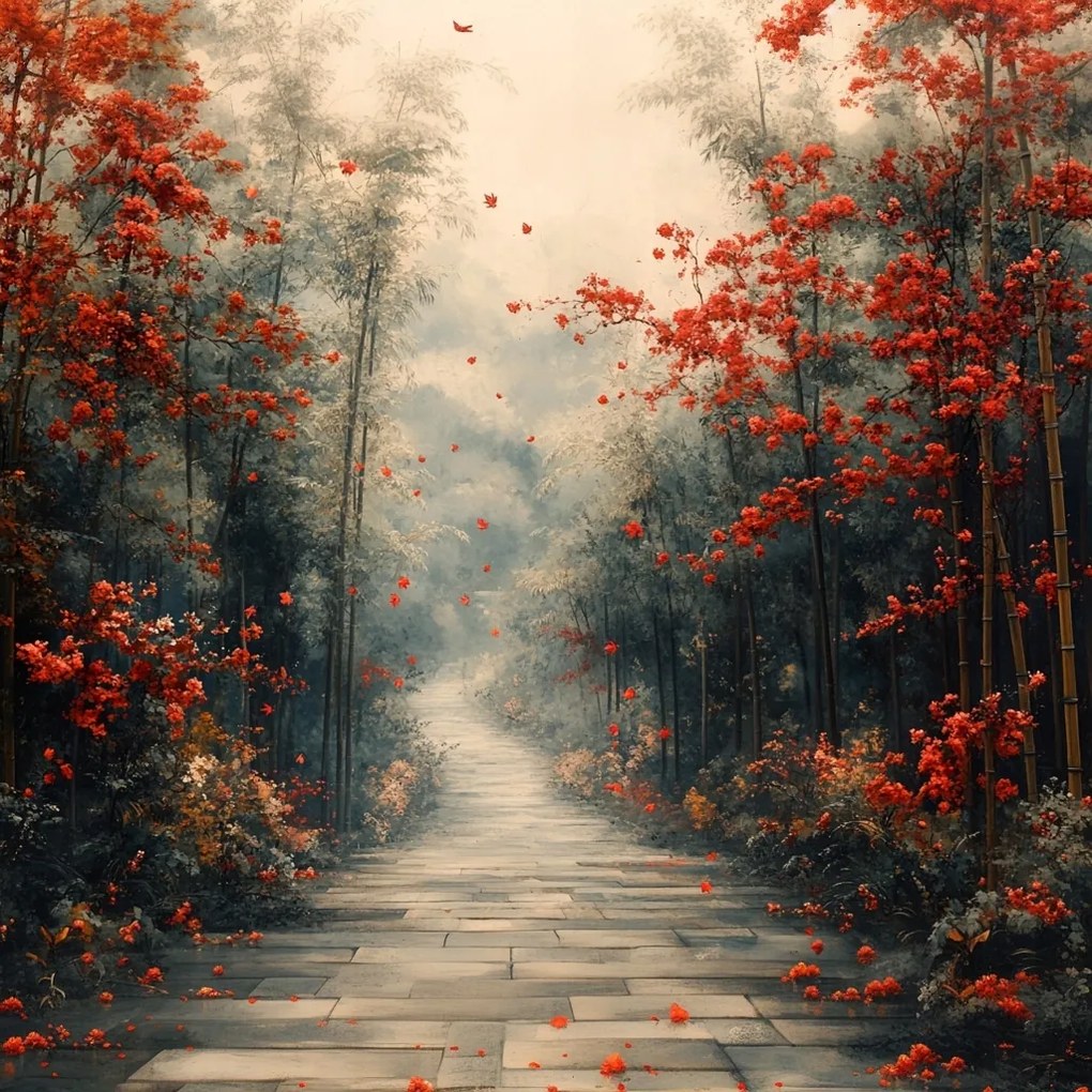 Vászonkép Canvas Tájkép Park Fa Bambusz Virágok Ősz 80x80